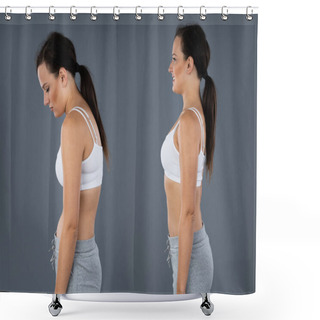 Personality  Woman With Lordosis And Normal Curvature Against Gray Background Shower Curtains