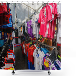 Personality  Street Market Outlet On Rambla Nova In Tarragona Selling Football Merchandise Including Barcelona Football Club Jerseys Shower Curtains