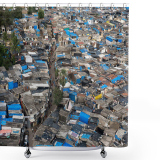 Personality  MUMBAI/INDIA- JUNE 24, 2020: Aerial View Of Appa Pada Slum In Malad, Which Is Under Government Ordered Isolation Due To A High Number Of Positive COVID-19 Cases Detected Shower Curtains