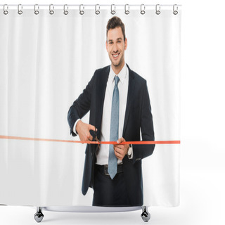 Personality  Handsome Businessman Cutting Red Ribbon With Scissors On Opening Ceremony, Isolated On White Shower Curtains
