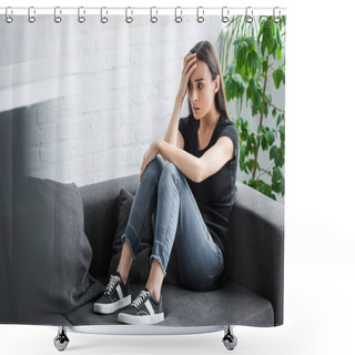 Personality  Pretty Young Woman Suffering From Depression While Sitting On Couch At Home And Holding Hand Near Head Shower Curtains