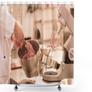 Personality  Partial View Of Confectioner Making Cream For Dessert In Restaurant Kitchen Shower Curtains