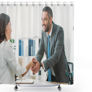 Personality  Handsome Advisor In Suit Shaking Hands With Investor At Workplace   Shower Curtains