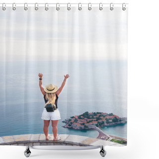 Personality  Back View Of Woman Standing With Raised Hands And Looking At Saint Stephen Island In Adriatic Sea, Budva, Montenegro Shower Curtains