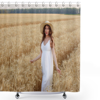 Personality  Pregnant Woman In A Straw Hat In A Field Of Wheat Shower Curtains