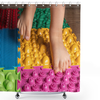 Personality  The Legs Of A Small Child On Orthopedic Mats. Bright Surfaces For Walking And Forming The Correct Arch Of The Foot. Massage Puzzle Mat. Shower Curtains