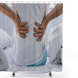 Personality  Cropped Shot Of Man Sitting On Bed And Suffering From Back Pain Shower Curtains