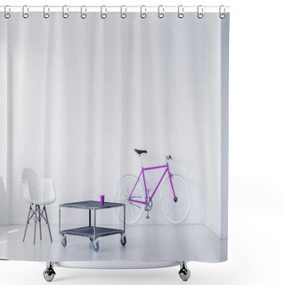 Personality  Purple Bike, Chair And Metal Coffee Table In A Minimalistic Room Interior. Real Photo Shower Curtains