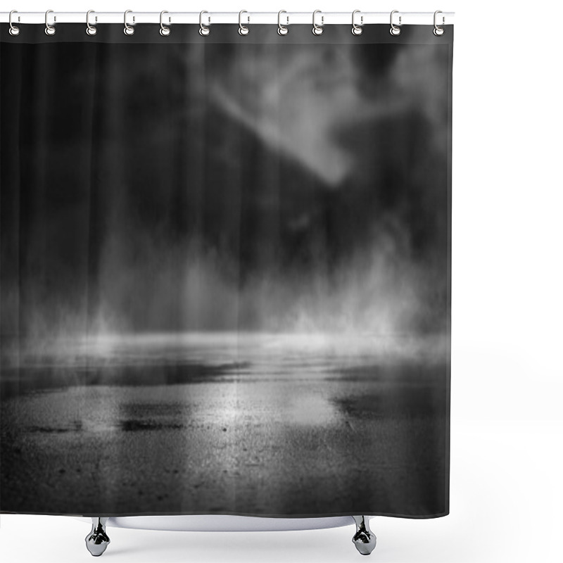 Personality  Dramatic black and white background. Cloudy night sky, moonlight, reflection on the pavement. Smoke and fog on a dark street at night. Night futuristic landscape, cold night. shower curtains