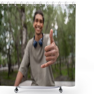 Personality  Blurred African American Man Smiling And Showing Hang Loose Gesture Outdoors Shower Curtains