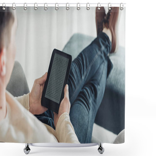 Personality  Cropped View Of Man Reading E-book While Sitting In Armchair At Home Shower Curtains
