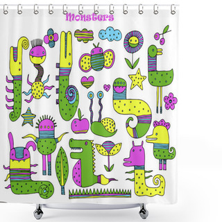Personality  Set Of Multicolored Cartoon Monsters. Vector Image Shower Curtains