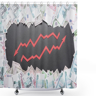 Personality  Increase And Recession Arrows In Frame Of Dollar, Euro And Ruble Banknotes On Black Background Shower Curtains