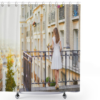 Personality  Woman In White Dress Walking On Famous Montmartre Hill In Paris Shower Curtains