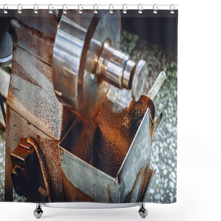 Personality  Close-up Shot Of Coffee Mill Pouring Coffee Powder Into Container Shower Curtains