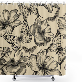 Personality  Seamless Pattern With Roses And Butterflies, Hand Drawing. Vecto Shower Curtains