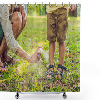 Personality  Closeup Shot Of Dad And Son Use Mosquito Spray. Spraying Insect Repellent On Skin Outdoor. Shower Curtains