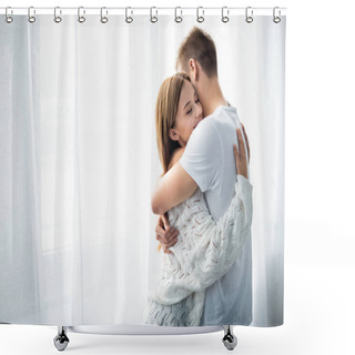 Personality  Man Hugging Attractive And Smiling Woman In Apartment  Shower Curtains