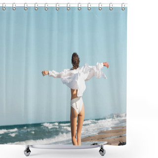 Personality  Back View Of Young Woman In White Shirt And Swimwear Standing With Outstretched Hands Near Ocean On Beach  Shower Curtains