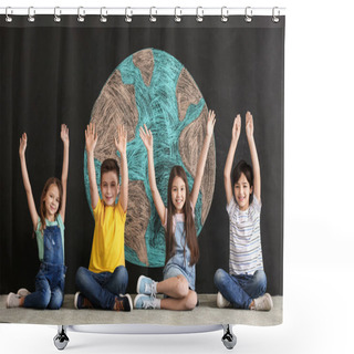 Personality  Little Children And Drawing Of Planet On Dark Background. Earth Day Celebration Shower Curtains