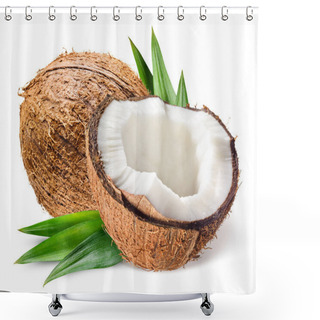 Personality  Coconut With Half And Leaves On White Background Shower Curtains