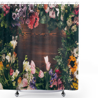 Personality  Top View Of Frame Of Colored Flowers On Wooden Table Shower Curtains