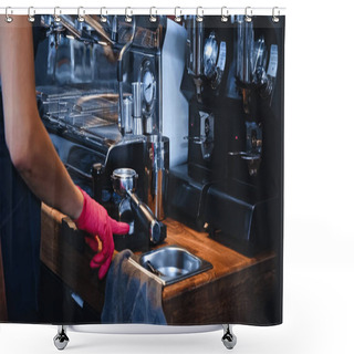 Personality  Cropped View Of Barista Pointing With Finger At Clean Portafilter Near Professional Coffee Machine  Shower Curtains