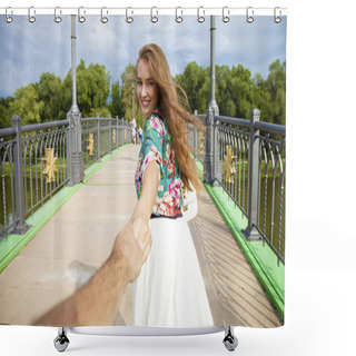 Personality  Follow Me, Beautiful Young Woman Holds The Hand Of A Man  Shower Curtains