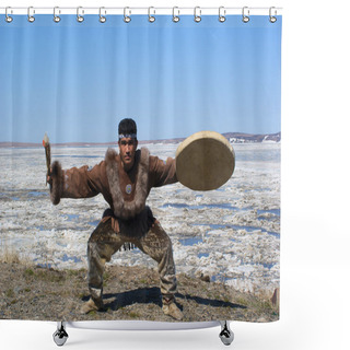 Personality  Chukchi Man Dancing A Folk Dance Against Spring Landscape Shower Curtains