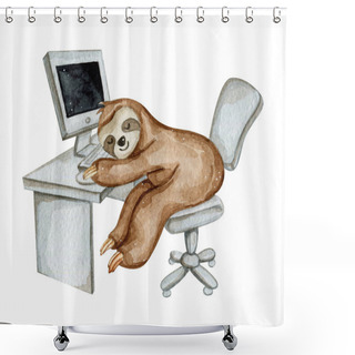 Personality  Watercolor Hand Drawn Cute Sloth Sleeping In The Office Isolated On White Background Shower Curtains
