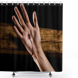 Personality  Cropped View Of Man Crucified On Wooden Cross Isolated On Black  Shower Curtains