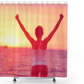Personality  Woman Arms Up At Ocean And Sunset Shower Curtains