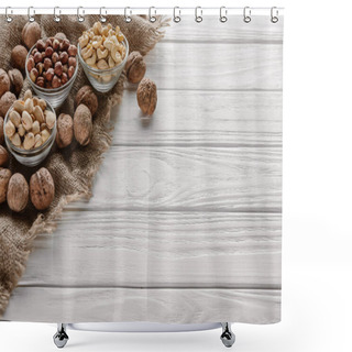 Personality  Assorted Nuts In Glass Bowls On White Wooden Tabletop Shower Curtains