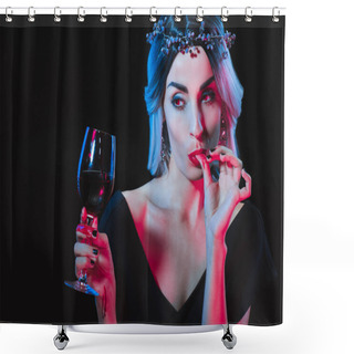 Personality  Vampire Woman Holding Wineglass With Blood And Licking Her Fingers Isolated On Black Shower Curtains