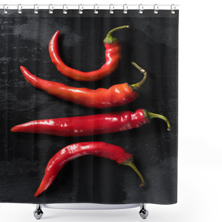Personality  Top View Of Raw Red Chili Peppers On Black Tabletop Shower Curtains