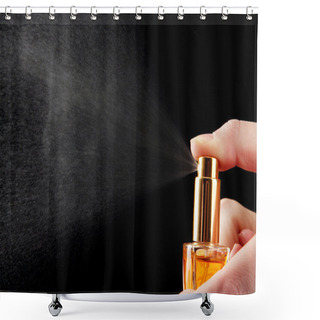 Personality  Women's Perfume In Bottle And Spraying, On Black Background Shower Curtains