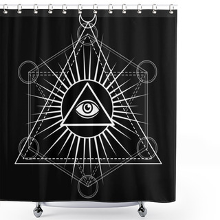 Personality  Eye Of Providence. All Seeing Eye Inside Triangle Pyramid. Esoteric Symbol, Sacred Geometry. Monochrome Drawing Isolated On A Black Background. Vector Illustration. Print, Posters, T-shirt, Textiles. Shower Curtains