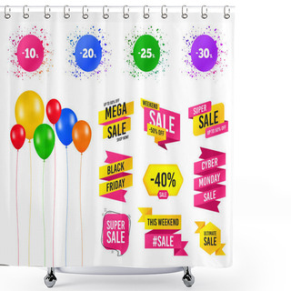 Personality  Balloons Party. Sales Banners. Sale Discount Icons. Special Offer Price Signs. 10, 20, 25 And 30 Percent Off Reduction Symbols. Birthday Event. Trendy Design. Vector Shower Curtains