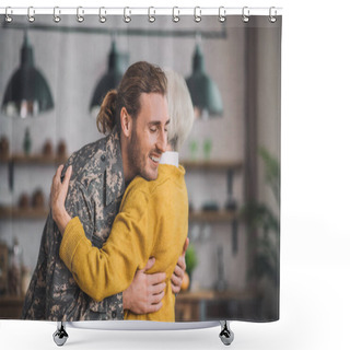 Personality  Young Happy Man In Camouflage Hugging His Mom Shower Curtains
