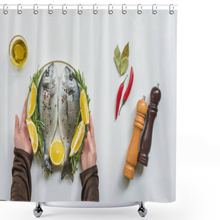 Personality  Partial View Of Woman Taking Plate With Fish Decorated By Rosemary And Lemon  Shower Curtains