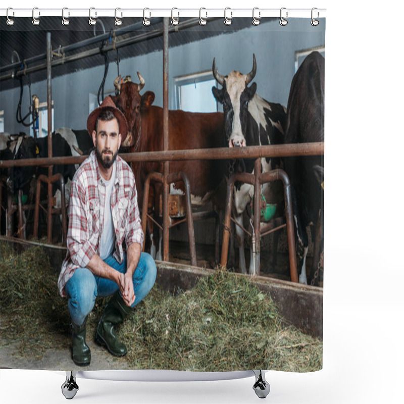 Personality  male farmer feeding cows shower curtains