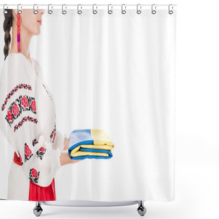 Personality  Cropped View Of Young Woman In National Ukrainian Costume Holding Flag Isolated On White Shower Curtains