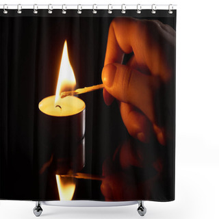 Personality  Selective Focus Of Woman Lighting Up Candle With Match Isolated On Black Shower Curtains
