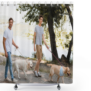 Personality  Father And Son Holding Leashes While Walking With Golden Retrievers Near Lake  Shower Curtains