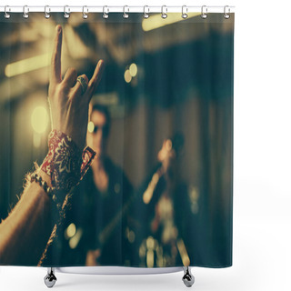 Personality  Selective Focus Of Man Showing Rock Sign Near Musician  Shower Curtains