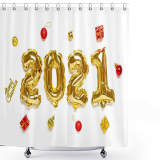 Personality  Gold Foil Balloons Numeral 2021, Colorful Toys For Christmas Tree, Box, Balls, Bell Isolated On White Wooden Background Flat Lay Composition Top View Happy New Year Concept Holiday Card Shower Curtains