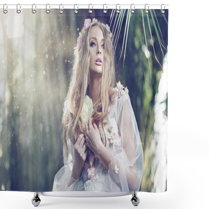 Personality  Gorgeous delicate woman with the sun beams in the background shower curtains