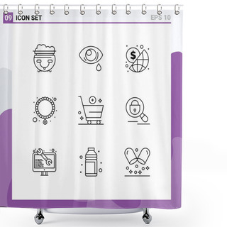 Personality  Universal Icon Symbols Group Of 9 Modern Outlines Of Cart, Add, Business, Pearl, Jewelry Editable Vector Design Elements Shower Curtains