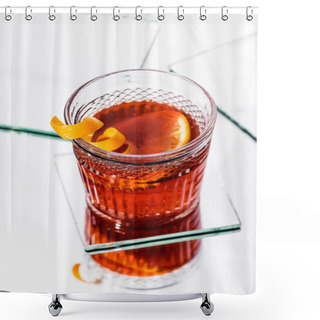 Personality  High Angle View Of Orange Peel In Glass With Alcohol Cocktail On White Surface Shower Curtains
