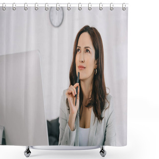 Personality  Beautiful, Dreamy Secretary Looking Away And Holding Pen While Sitting At Workplace Shower Curtains